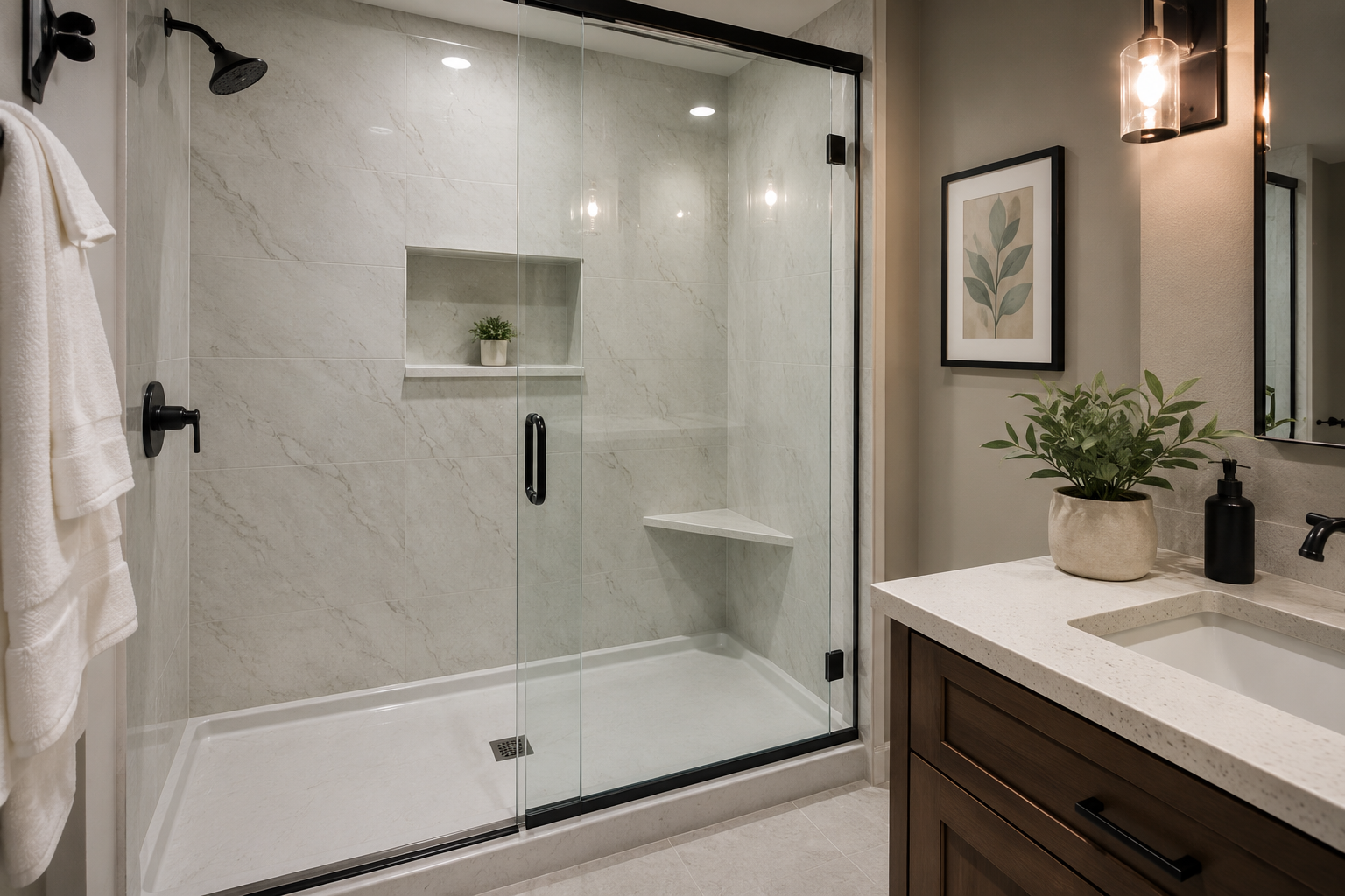 Modern shower replacement by Heartland Remodeling