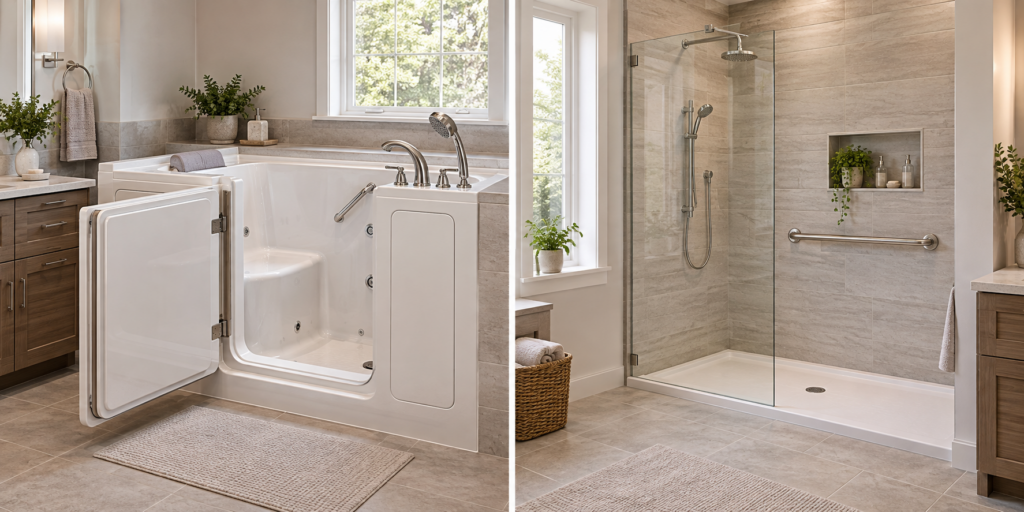 a side by side comparison of a walk in tub vs a walk in shower